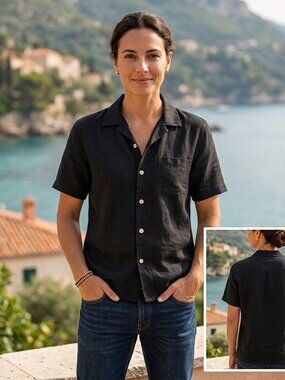 ZARA Linen Blend Camp Collar Shirt Black Short Sleeve Button Front Size M